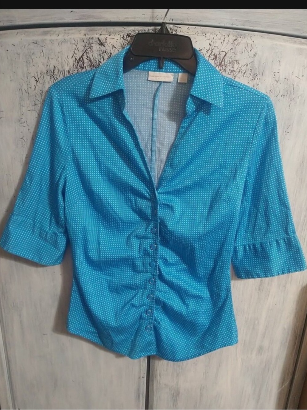 New York & Company Stretch Collared Button Up Blouse Blue Small Y2K